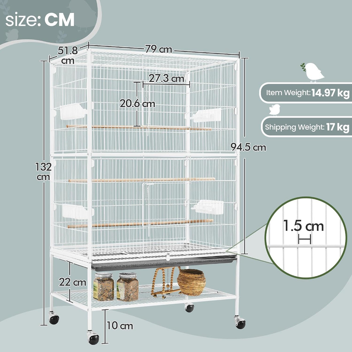 Cage à oiseaux Yaheetech avec support – 79 × 51,8 × 132 cm – Blanche – Cage pour perruches avec roulettes, 3 perchoirs en bois et 4 mangeoires
