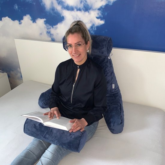 Q-Living Coussin de lecture XXL avec rouleau supplémentaire pour la nuque - Coussin de relaxation - Coussin de siège - Soutien du bas du dos - Coussin de lecture pour le lit - Bleu
