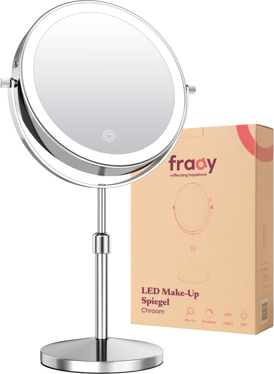 Fraay Miroir de maquillage avec éclairage LED Ø20 cm - Grossissement 10x - Rechargeable - Double face - Dimmable - 3 modes d'éclairage - Chrome