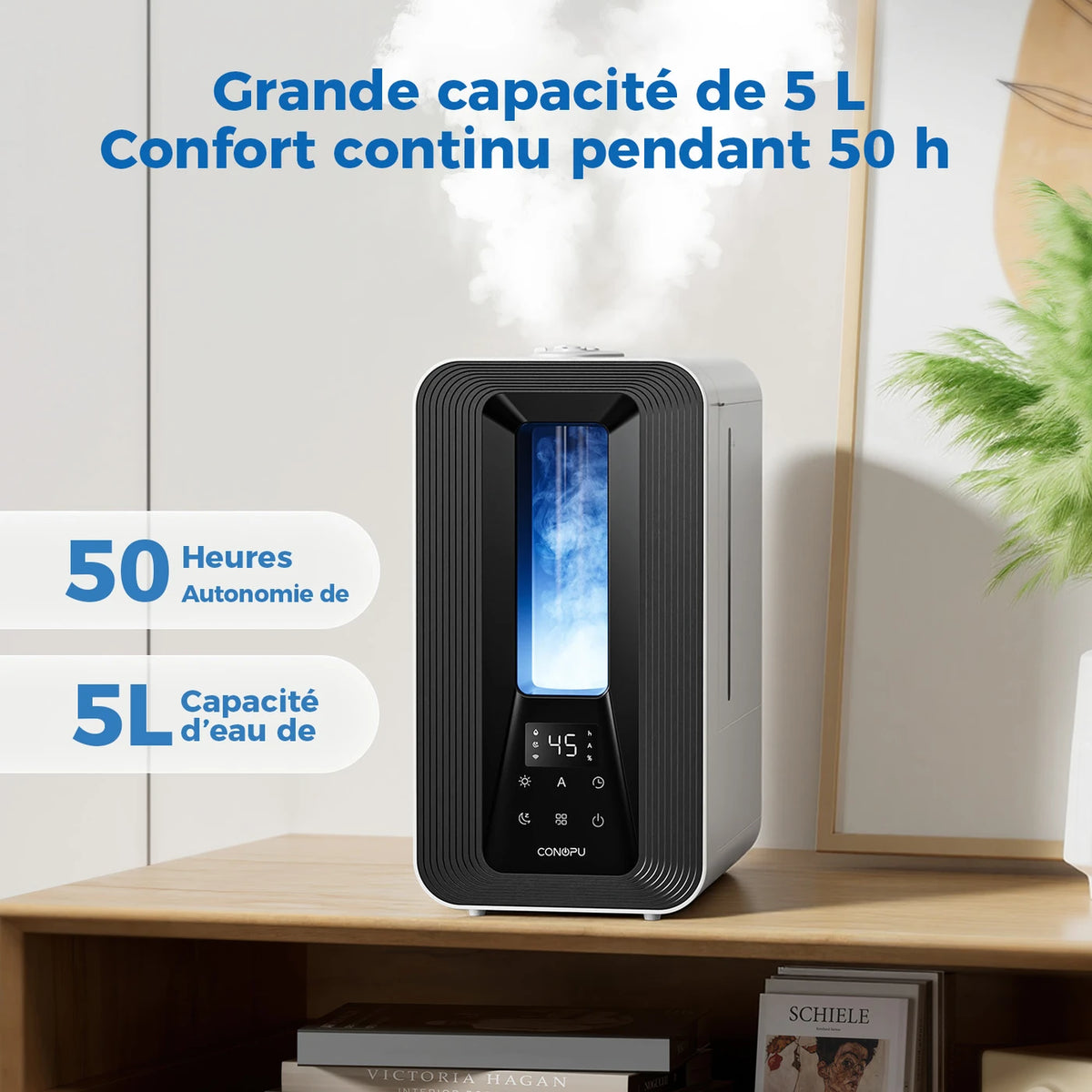 Humidificateur à ultrasons Conopu 5 L - Contrôle intelligent de l'humidité - Buses de pulvérisation à 360° - Diffuseur d'arômes - Éclairage d'ambiance LED - Noir - 170 x 240 x 327 mm