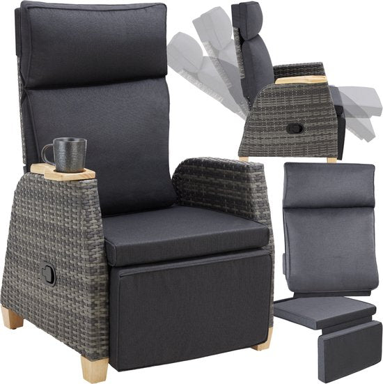 tectake® - Fauteuil d'extérieur en osier - Fauteuil à haut dossier - Repose-pieds et dossier réglable - Fauteuil relax avec fonction d'inclinaison - Meubles de salon pour le jardin - Fauteuil de terrasse - Fauteuil de lecture - Incl. espace pour tasse/ver