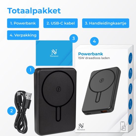 Nuvance Powerbank 10000 mAh - Adapté à MagSafe - Chargeur rapide 15W - Wireless Powerbank - Usb-A 22.5W & Usb-C 20W - Noir