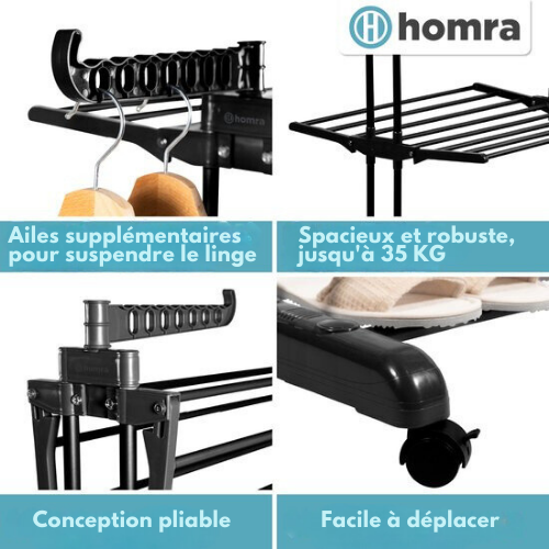 Etendoir à linge - Homra - 4 niveaux - Pliant - 77x50x170cm - Noir