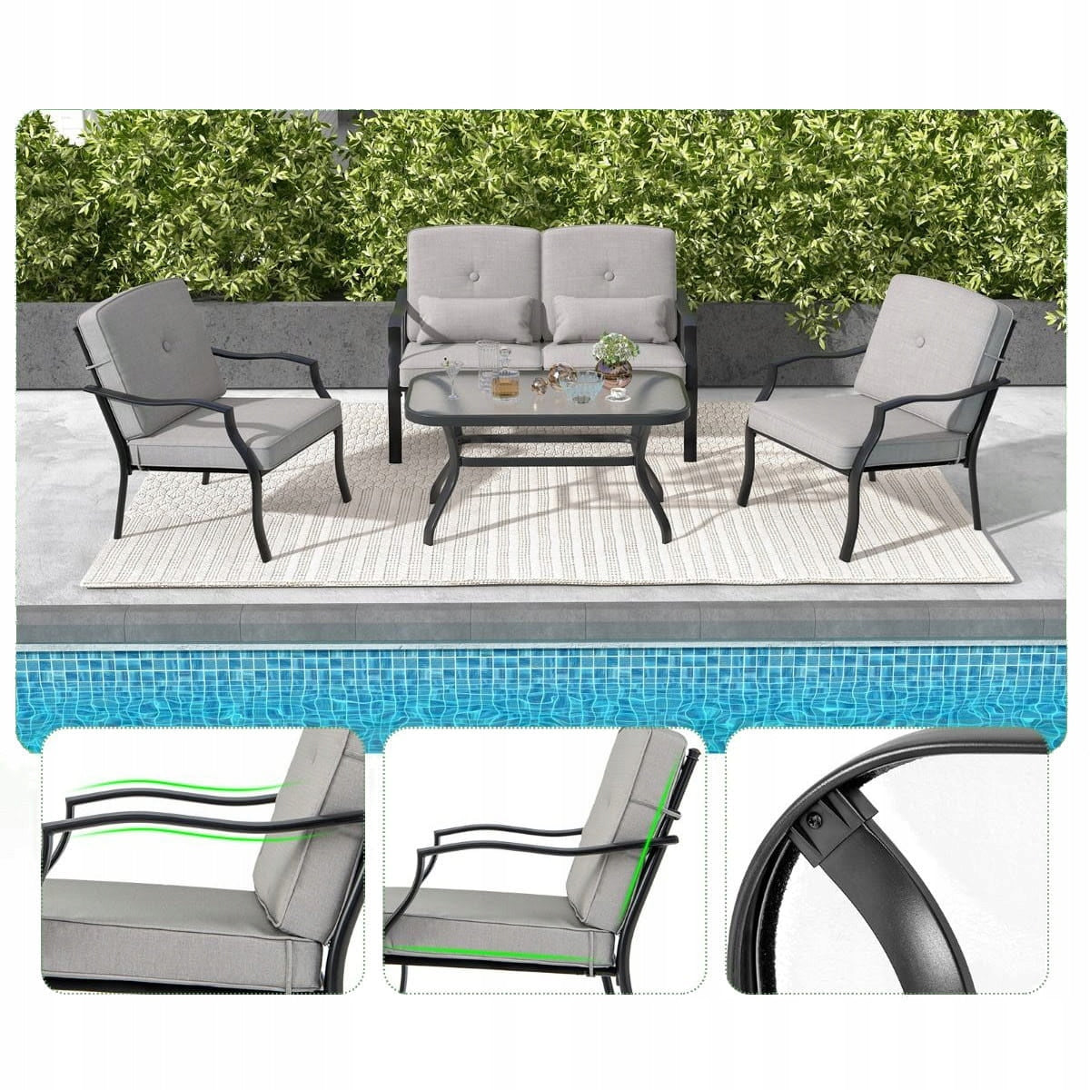 Ensemble de mobilier de jardin Coast, 4 pièces - Canapé, table et 2 fauteuils - Gris
