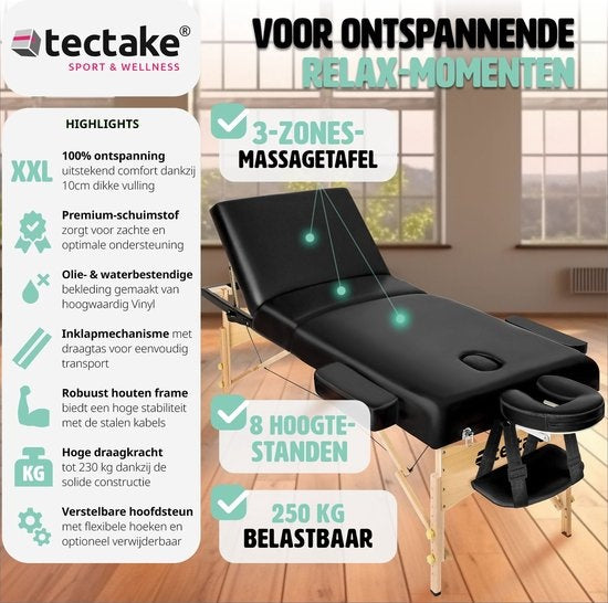 tectake® - Table de massage avec matelas de 10 cm de haut + sac de transport - rembourrage extra épais, revêtement en vinyle résistant à l'eau et à l'huile, design pliable, sac de rangement inclus, idéal pour salon, tatouage, thérapie - noir