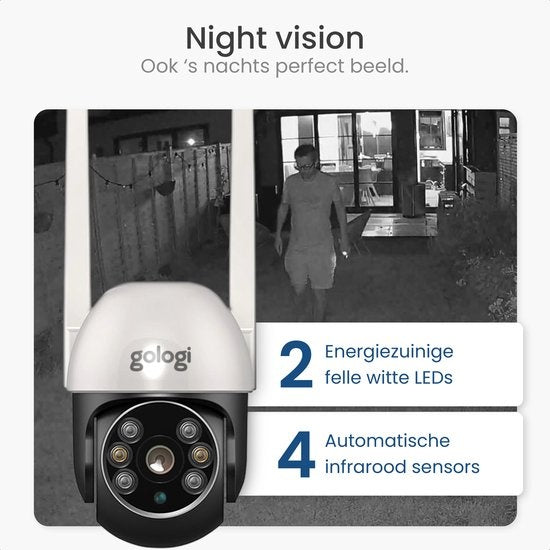 Caméra extérieure Gologi - Caméra extérieure avec vision nocturne - Caméra de sécurité - Caméra IP - Caméra de sécurité - Zoom numérique 4x - 3MP - Avec wifi et application