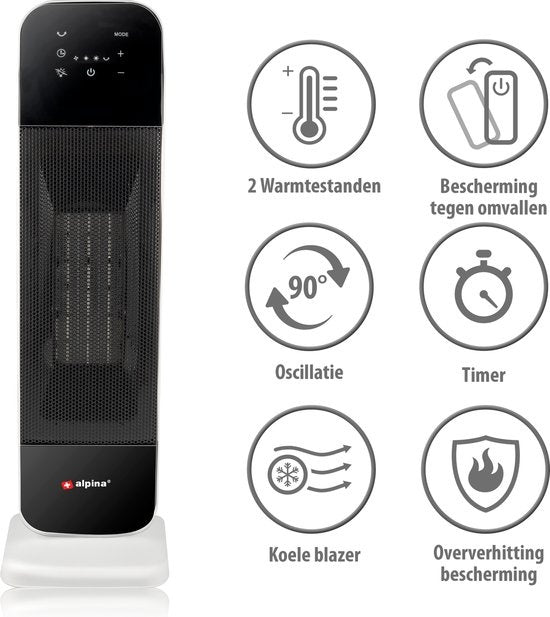 Chauffage électrique - Alpina - Chauffage par ventilateur céramique - également refroidissement - minuterie - télécommande - fonction pivotante - 2000W - Noir Blanc