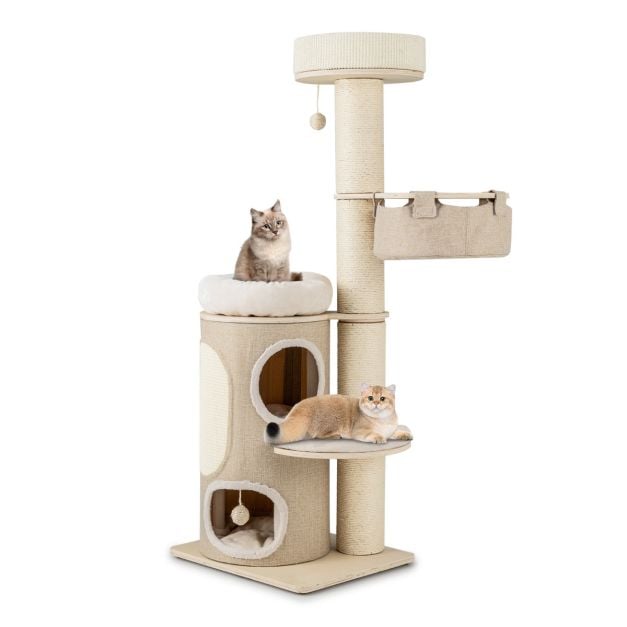 Arbre à chat avec griffoir – Maison pour chat à deux étages avec hamac 58 x 48 x 154 cm – Naturel