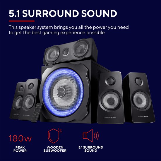 Trust GXT 658 Tytan - Ensemble d'enceintes gaming - Son surround 5.1 - Puissance de crête de 180 W - Noir