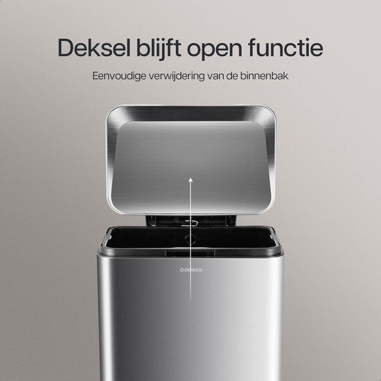 Deleca Trashcan Prestige - 50 Litres - Large - Poubelle / Corbeille à papier / Poubelle à pédale en acier inoxydable - Avec pédale et fermeture lente - Argent mat