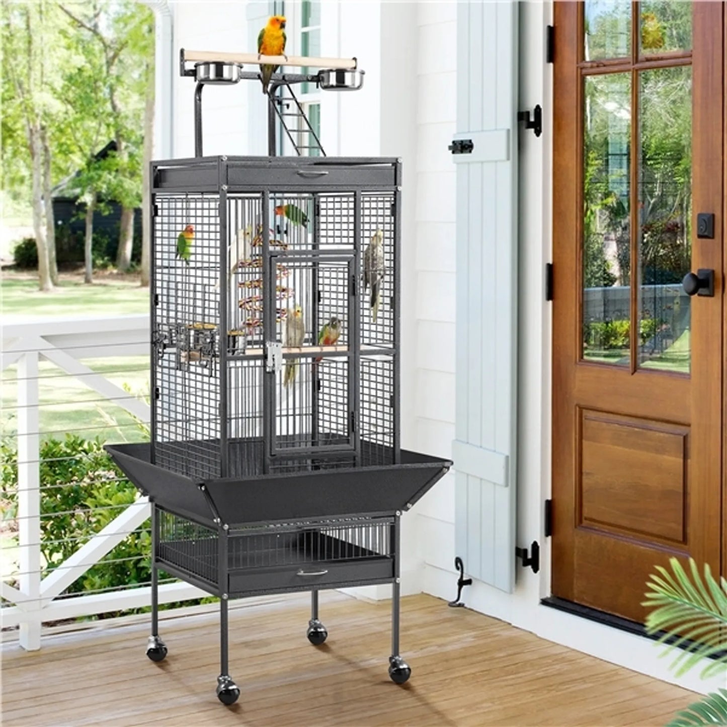 Yaheetech Cage pour perroquets avec plateau de jeu - équipée d'un collecteur de graines, de tiroirs à fumier extensibles et de portes d'alimentation - pour perruches et perroquets - Fer noir poudré - 65,5 x 65,5 x 156 cm