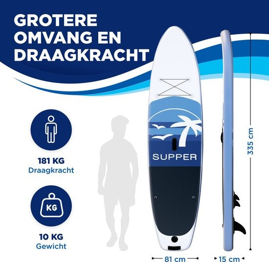 Supper Sup Board XL - Max. 180KG - Gonflable - Planche à pagaie - Pagaie réglable - Housse de téléphone étanche - Siège - Pompe - Aileron - Leash - Sac de transport - 335 x 81 cm