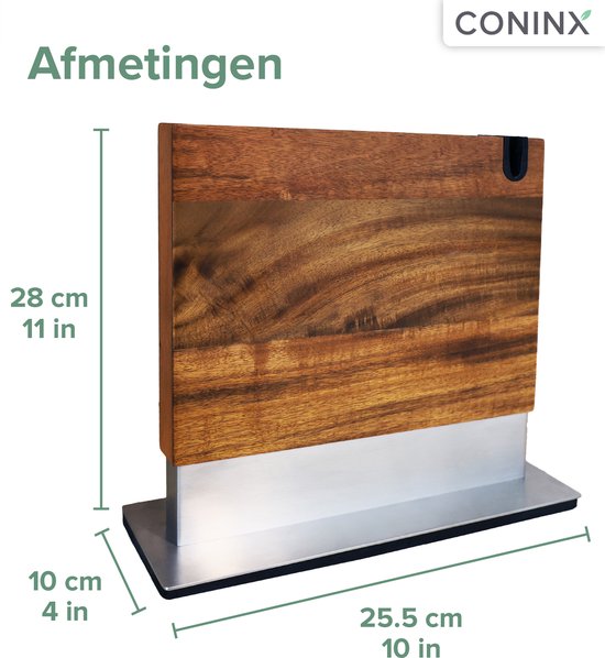 Bloc à couteaux magnétique Coninx Vertico - Aimant à couteaux avec aiguiseur - Socle en acier inoxydable - Aimant double face - Bloc à couteaux sans couteaux - Acier inoxydable / Bois d'acacia