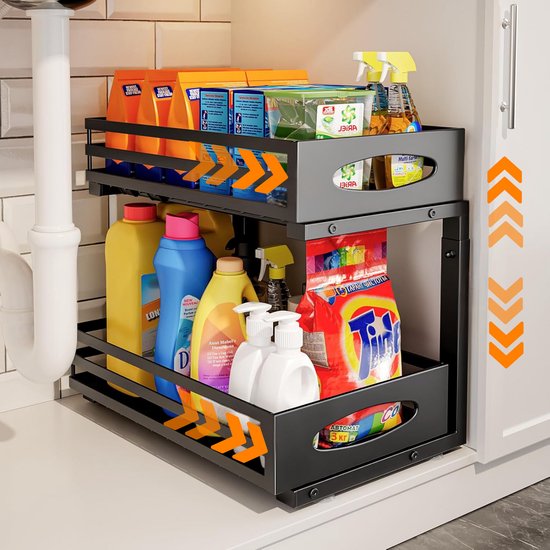 Posity Rangement pour armoire de cuisine - Rangement pour évier - Rangement pour comptoir - Support de rangement - Rangement pour salle de bain - Support de cuisine - Extensible - Métal - Noir