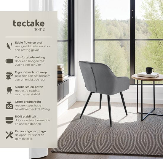 tectake® - Chaise en velours à motif surpiqué - Chaise de salle à manger moderne - Chaise baquet - Pour le salon, la salle à manger, le coin détente ou comme chaise de coiffeuse - Différentes couleurs - Gris/noir