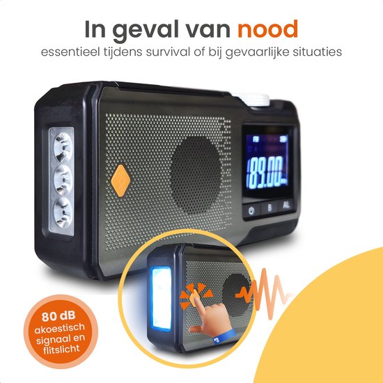 Radio d'urgence Goliving - 17 x 9 x 4 cm - Radio portable - Powerbank solaire rembobinable - Lampe de poche rechargeable - Réveil numérique - Bluetooth - 10000 mAH - 80 dB - Noir