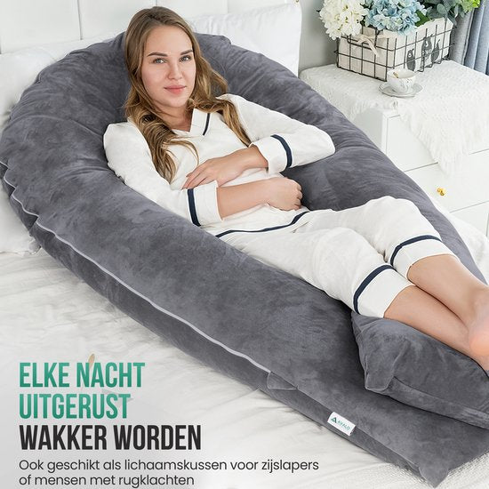 Coussin de grossesse Avalo XXL 280 cm - Coussin d'allaitement et de sommeil sur le côté en forme de U - Body Pillow - Coussin pour le corps - Gris foncé