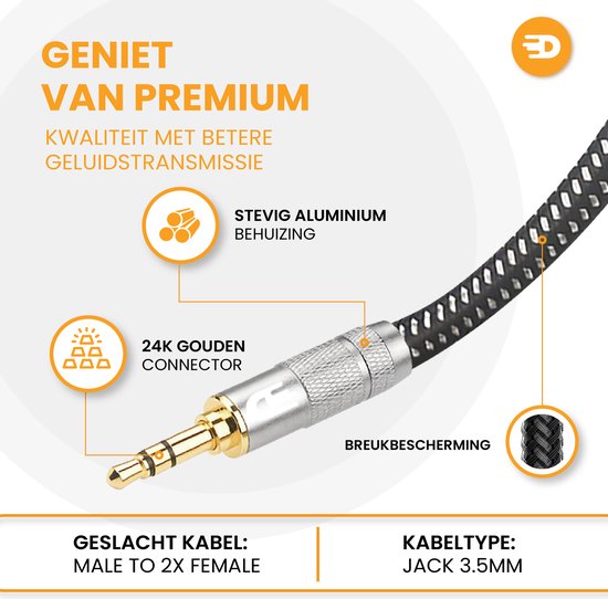 Drivv. Premium Audio Splitter - AUX - Jack Splitter - Audio Splitter 3.5 mm Jack - Male to Female - Grey