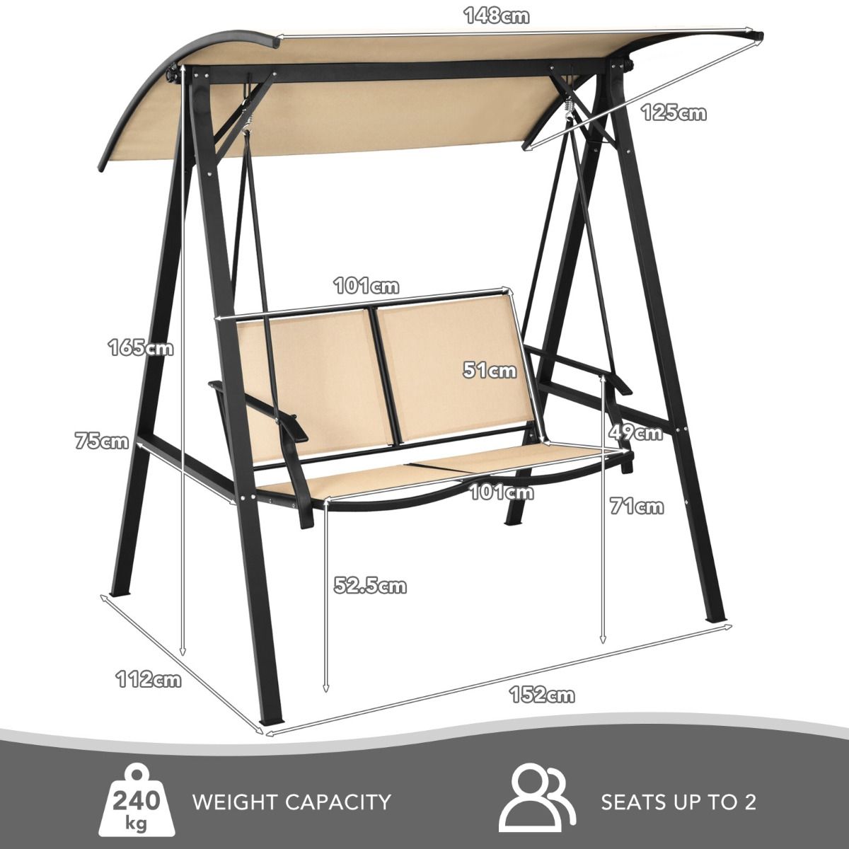 Balançoire de jardin Coast avec auvent - 2 places - Structure métallique - 152 x 112 x 165 cm - Beige