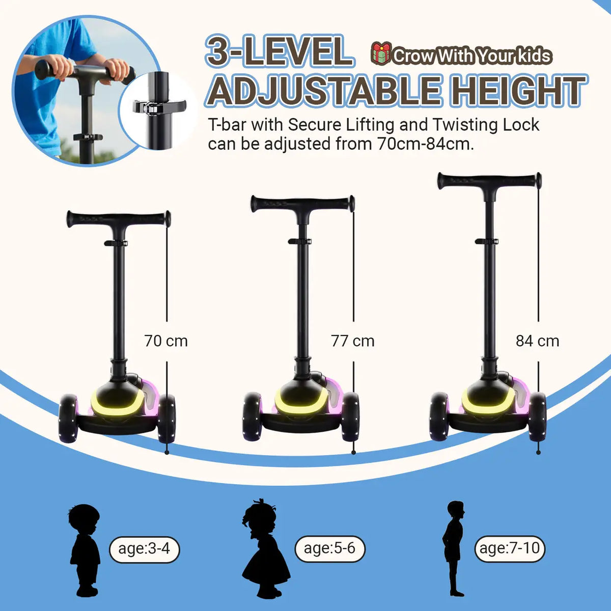 Trottinette pour enfants Neuleb YFQ à 3 roues avec roues à LED - Pliable - Noire