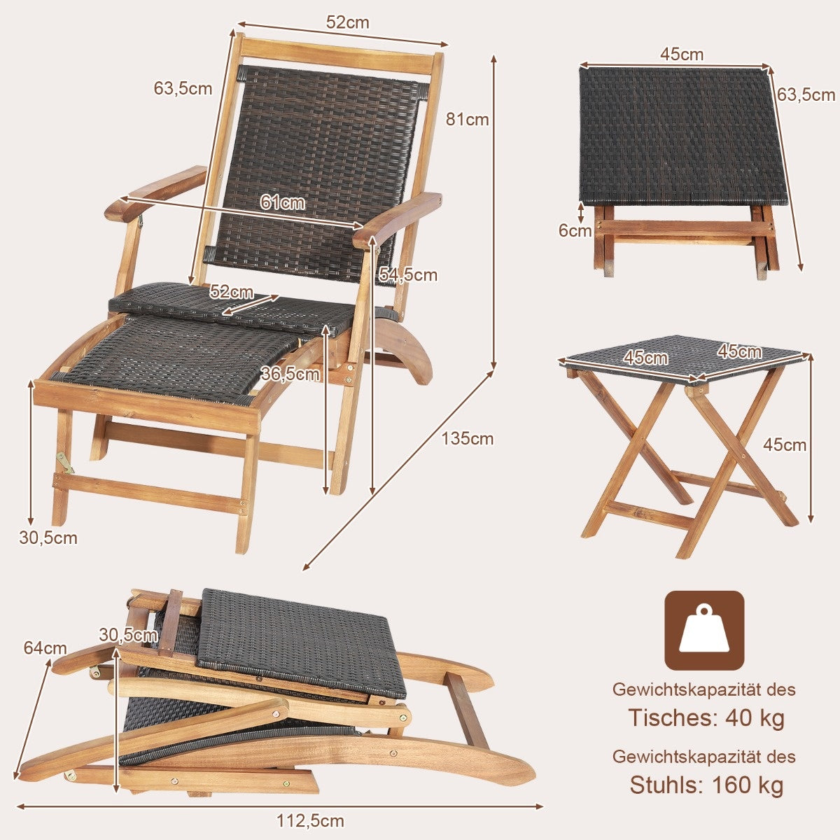 Ensemble de meubles de jardin Coast 2 pièces composé d'une chaise avec repose-pieds extensible et d'une table d'appoint en Acacia Wood Brown