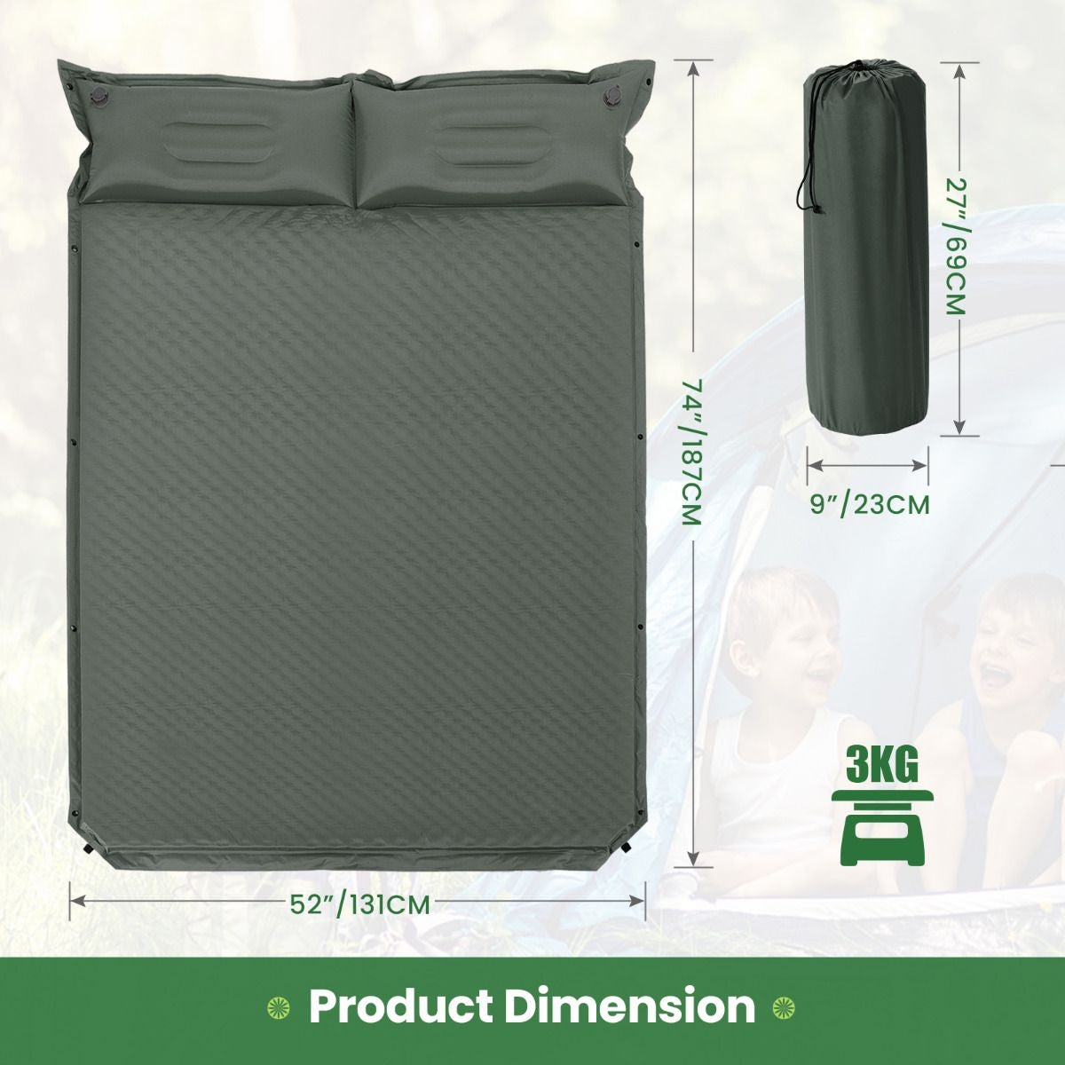 Coast Matelas de camping 2 personnes - autogonflant - imperméable - 187 x 69 x 4 cm - vert