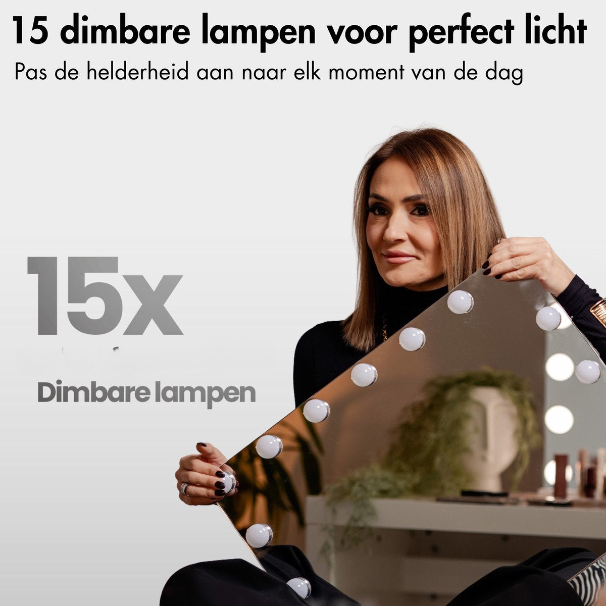 Sansbeauté® Hollywood Mirror 58x43 cm - Miroir de maquillage - 15 lampes LED - grossissement 10x - dimmable - port de charge USB - Touch Control - noir