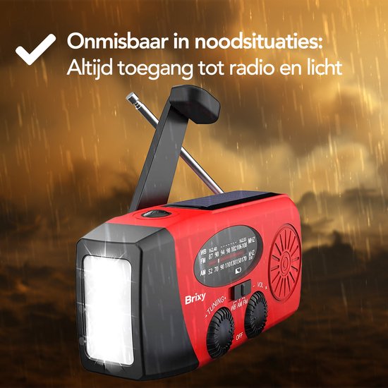 Radio d'urgence Brixy - Radio avec batterie pour les urgences - à remontoir - solaire - lampe de poche - powerbank - rouge