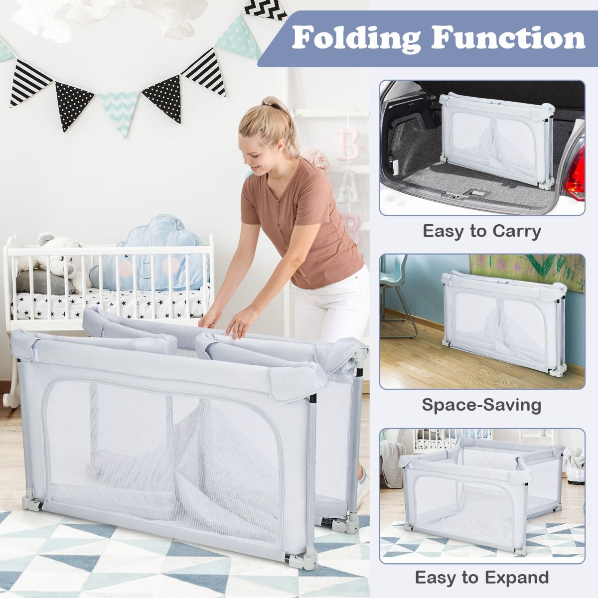 Coast Baby Box pliable 124x124x70 cm Gris avec 50 boules Ocean et 4 poignées - Tissu Oxford, maille respirante