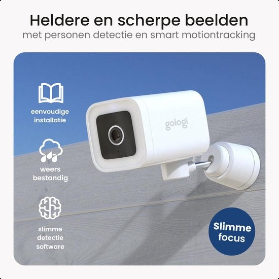 Gologi Premium Outdoor Camera - Caméra extérieure avec vision nocturne - Caméra de sécurité - Caméra de sécurité - 4MP - Caméra IP - Détection de son et de mouvement - Avec câble - Avec Wifi et App - Blanc
