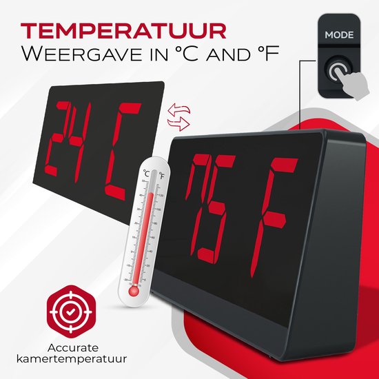 Réveil numérique Caliber - Réveils numériques - Durée de la fonction « snooze » réglable - Réveil - Écran à luminosité réglable - Horloge numérique pour chambre à coucher - Chargeur USB