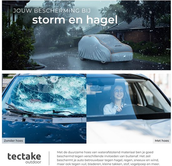 tectake® Car Cover - Voile de voiture extérieure - Protection contre la grêle - Couverture imperméable avec 3 sangles ajustables - Respirante - Housse de protection de voiture avec sac de rangement - Compatible avec de nombreux modèles - Taille (LxLxH) 52