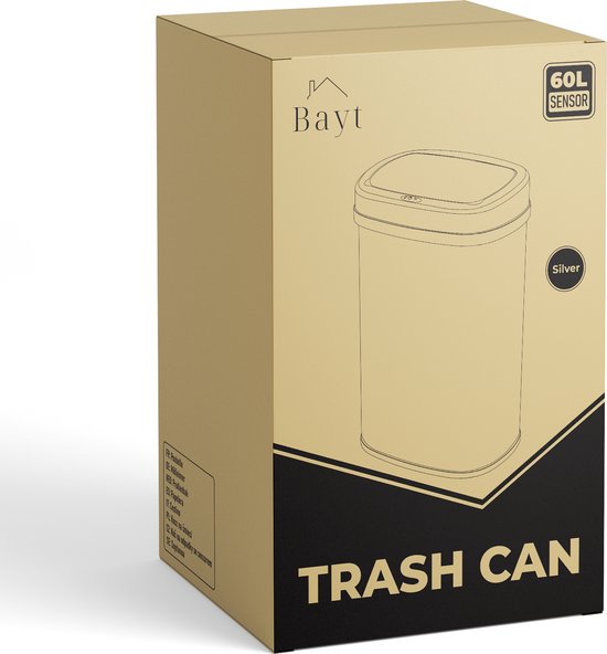 Bayt Poubelle - Poubelle 60 litres - Poubelle avec capteur - Poubelle - Corbeille - Métal - Argent
