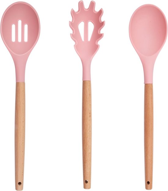 Ensemble d'ustensiles de cuisine Alpina avec support - 12 pièces - Ustensiles en silicone avec manche en bois - Rose