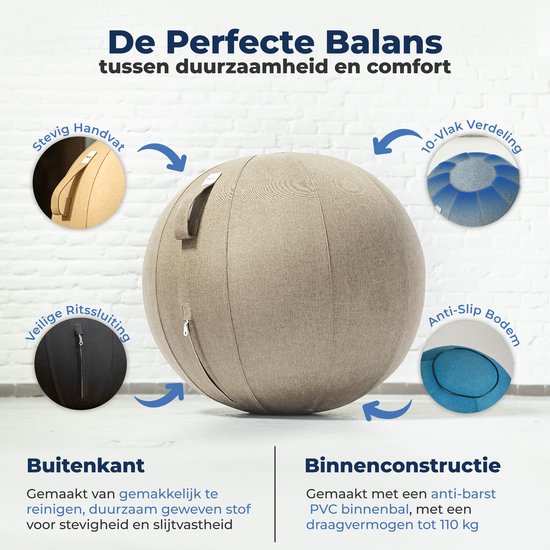 Ballon de siège Backerz 65 cm - Ballons de siège avec housse en lin - Chaise de bureau ergonomique pour le bureau et la maison - Ballon de yoga de luxe - Gris sable