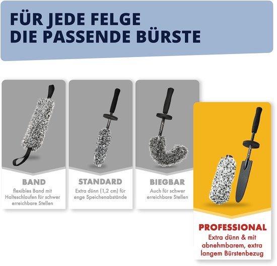 Brosse pour jantes en microfibre, à poils ultra-fins et amovibles, pour un nettoyage en douceur jusqu’au fond du creux de la jante, idéale pour les jantes haut de gamme, brosse pour roues