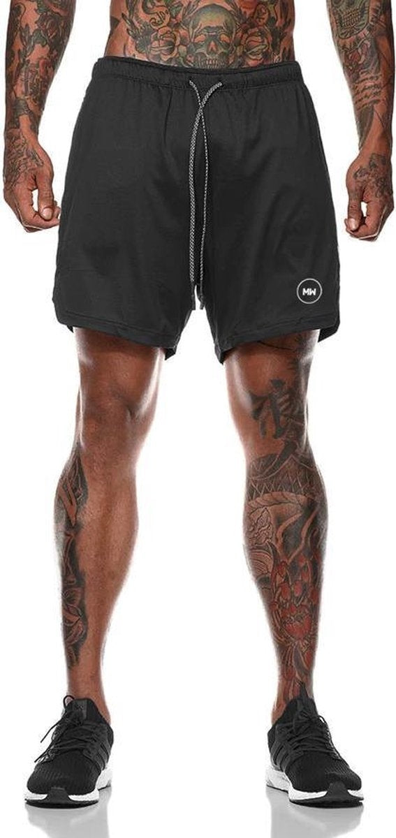 MW - Pantalon de sport pour homme - Taille M et design 2 en 1 - équipé d'une poche pour téléphone portable et d'une ceinture élastique - pour la gym et la course à pied - Polyester noir
