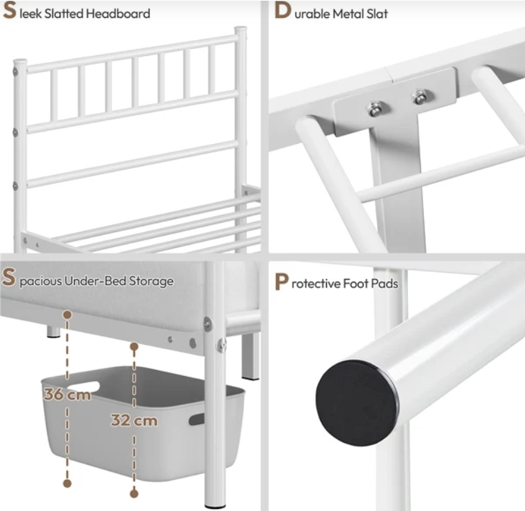Cadre de lit en métal Yaheetech 90 x 190 cm - Blanc - 204 kg - Espace de rangement sous le lit de 32 cm - Avec tête et pied de lit