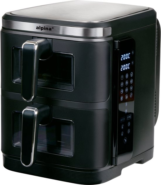 alpina Airfryer XXL - Double Friteuse 11L - Friteuse à air chaud 2 paniers - Doublement empilée pour 8 personnes - Ecran pliable - Fonction minuterie jusqu'à 60 minutes - Température 60-200°C - Noir