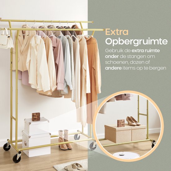 O'DADDY® Clothes Rack on Wheels - Portemanteau - Barre à vêtements - Réglable et extensible - Roulettes industrielles - Métal - Stable jusqu'à 110 kg - Or