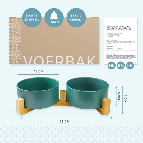 Gamelle pour chat et chien en céramique - Gamelles doubles avec support - Abreuvoir - 2x 400 mL - Vert mat