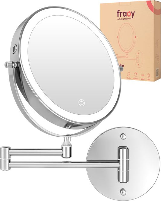 Fraay® Miroir de maquillage avec éclairage LED - grossissement 10x - Miroir grossissant avec lumière - rechargeable - Miroir de rasage - Miroir de salle de bain - Chrome