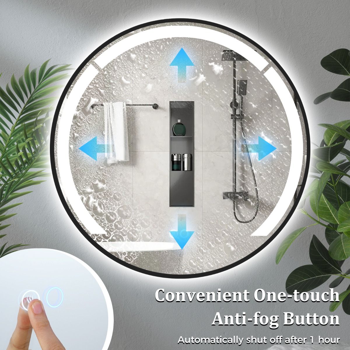 Miroir de salle de bains rond Coast - éclairage LED à intensité variable - fonction anti-buée - noir - 60 cm