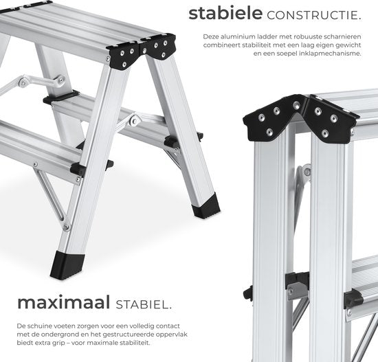 Échelle de cuisine double face en aluminium tectake® - 2 marches - 38,5 cm - Échelle robuste - Marchepied pliable - Échelle ménagère antidérapante