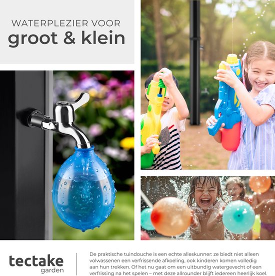 Douche d'extérieur tectake® - Solaire - 35 L - Eau chaude jusqu'à 60 °C - Avec housse de protection et porte-savon - Raccord pour tuyau d'arrosage - Douche de jardin avec grande pomme de douche réglable et robinet au pied - Douche solaire - Douche de camp