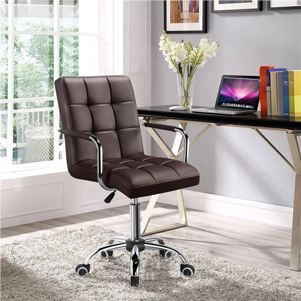 Yaheetech Chaise de bureau à hauteur d'assise réglable - 55 x 60,5 x 86,5-102 cm - équipée d'un rembourrage en mousse confortable, de roulettes insonorisantes et d'une structure en métal galvanisé - pour le bureau et la maison - en similicuir marron et