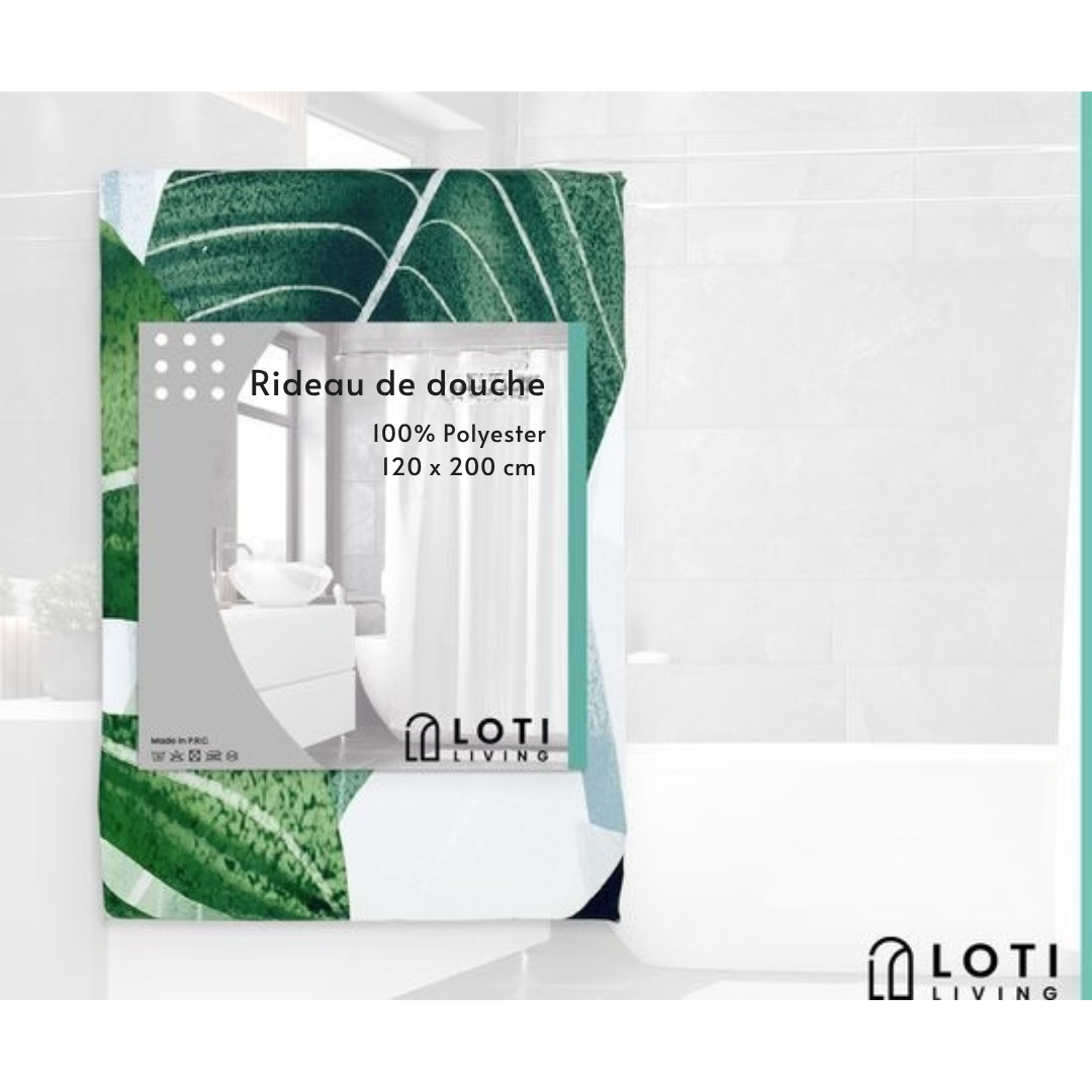 Rideau de douche anti-moisissure Loti Living - Anneaux inclus - 100% Polyester - 120x200 cm - Blanc/vert