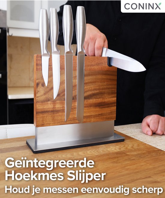 Bloc à couteaux magnétique Coninx Vertico - Aimant à couteaux avec aiguiseur - Socle en acier inoxydable - Aimant double face - Bloc à couteaux sans couteaux - Acier inoxydable / Bois d'acacia