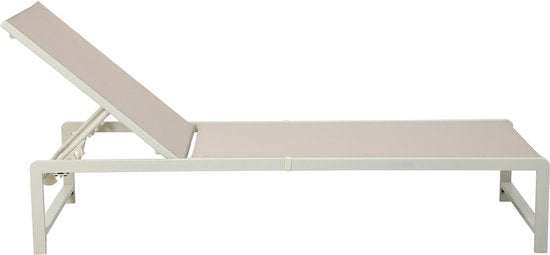 Chaise longue AXI Zane beige/marron – Structure en acier thermolaqué – Dossier à 5 positions – Assise en Textileen – 173 x 62 cm