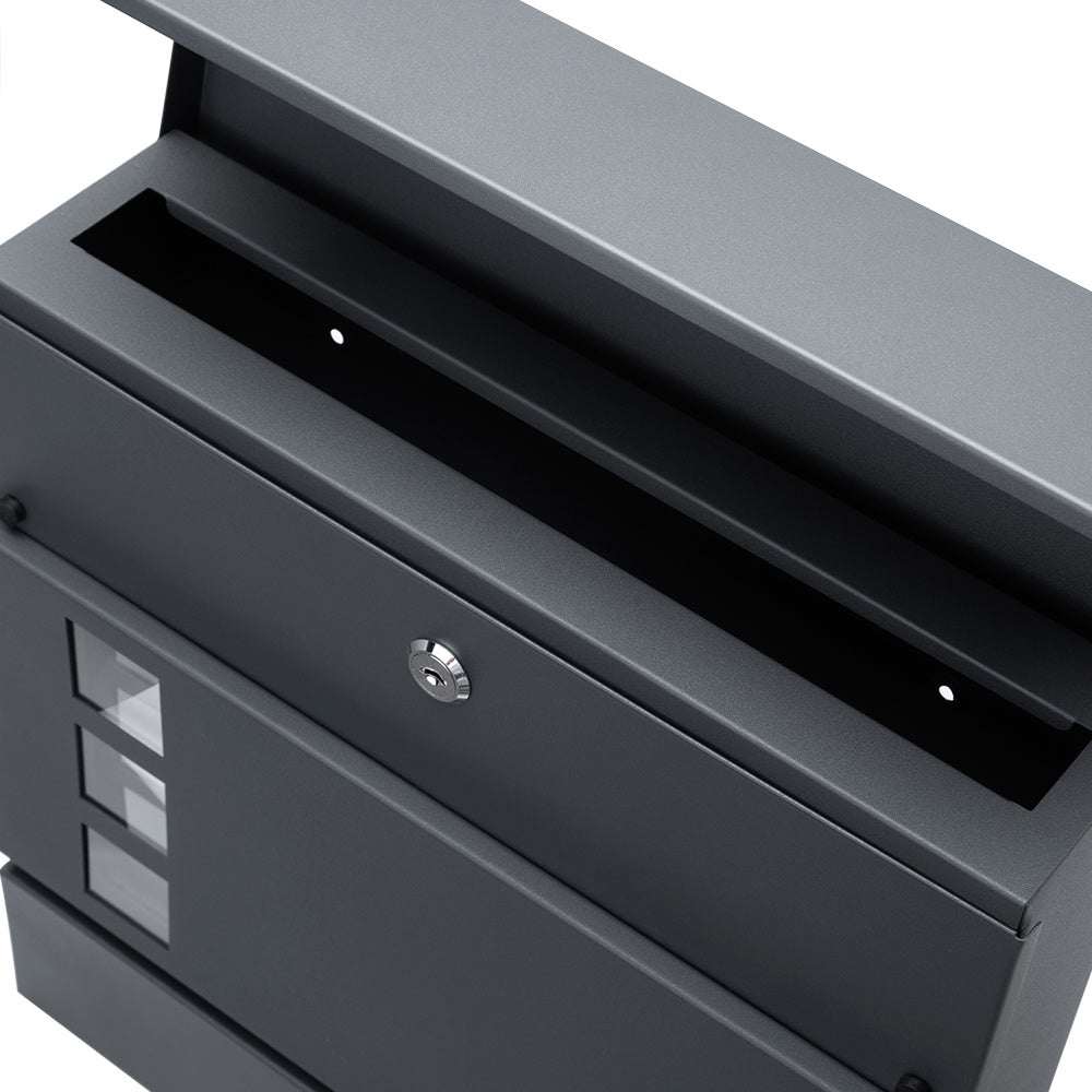 Boîte aux lettres design anthracite avec compartiment à journaux et fenêtres transparentes